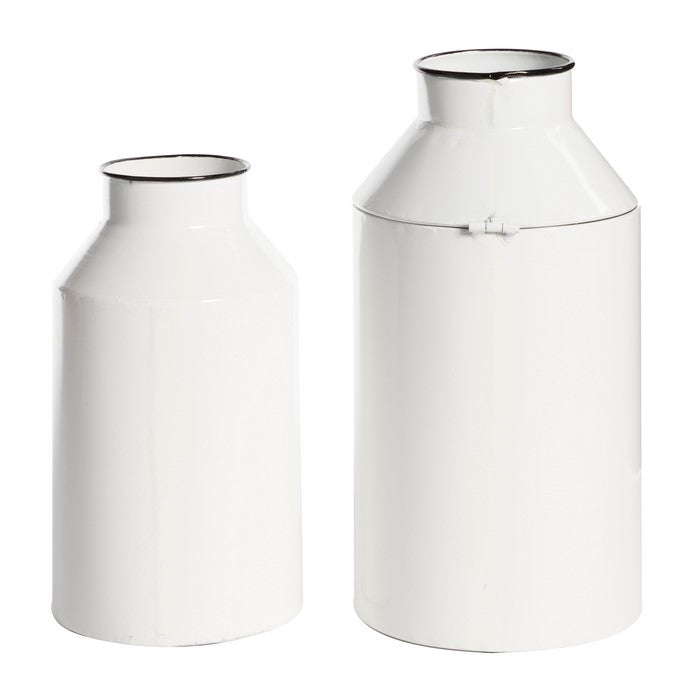 Metal Jar with Cylindrical Body and Tapered Neck, Set of 2, White