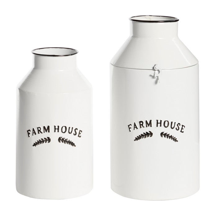 Metal Jar with Cylindrical Body and Tapered Neck, Set of 2, White