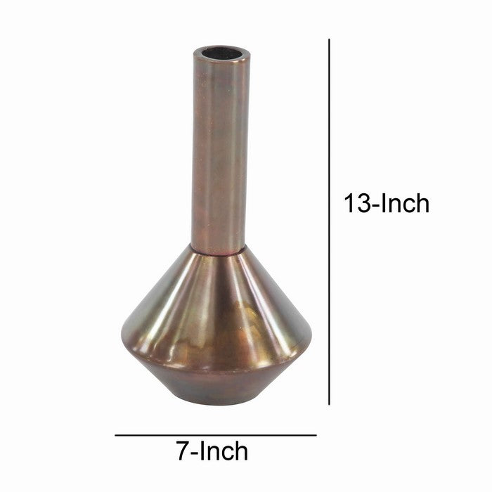 Flask Shaped Metal Flower Vase with Long Neck, Bronze
