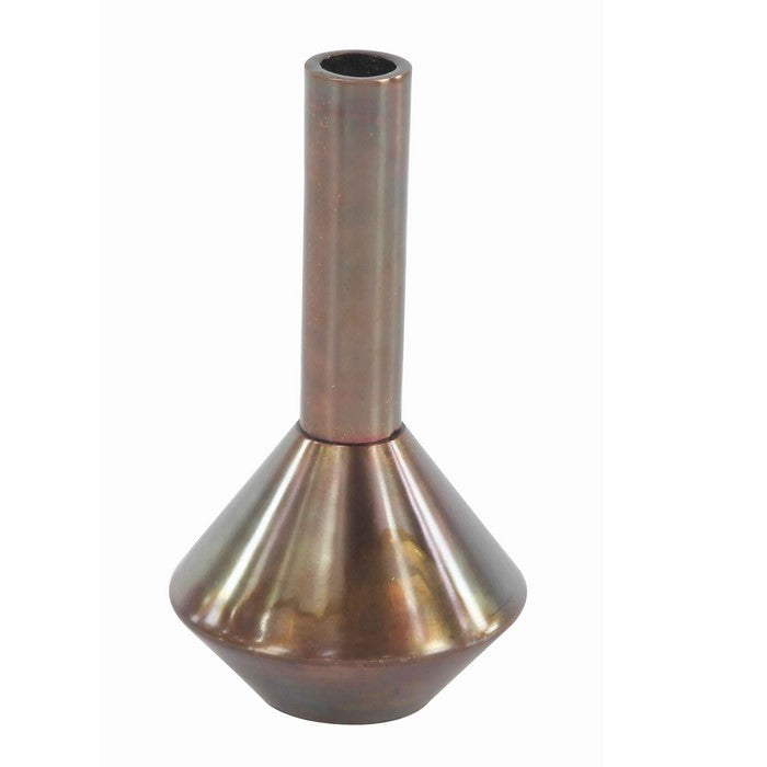 Flask Shaped Metal Flower Vase with Long Neck, Bronze