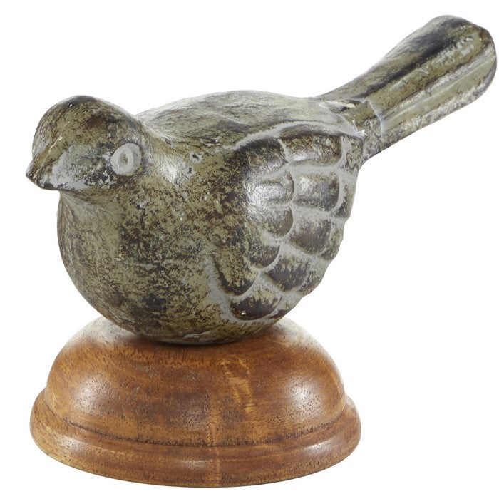 Wooden Bird Figurine Table Decor with Round Stable Base, Set of 2, Brown