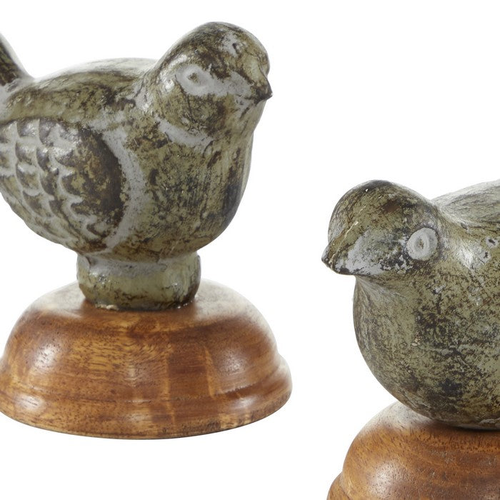 Wooden Bird Figurine Table Decor with Round Stable Base, Set of 2, Brown