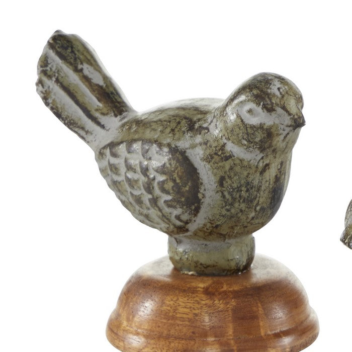 Wooden Bird Figurine Table Decor with Round Stable Base, Set of 2, Brown