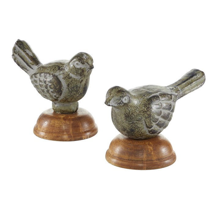 Wooden Bird Figurine Table Decor with Round Stable Base, Set of 2, Brown
