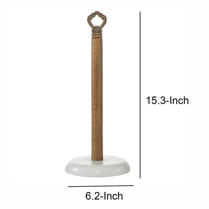 Wooden Paper Towel Holder with Round Marble Base, Brown and White