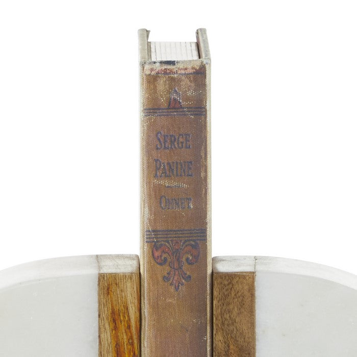 Dual Tone Marble Bookend with Wooden Edges, Brown and White
