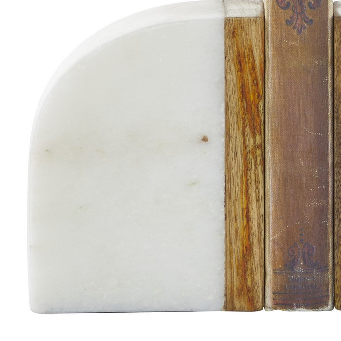 Dual Tone Marble Bookend with Wooden Edges, Brown and White