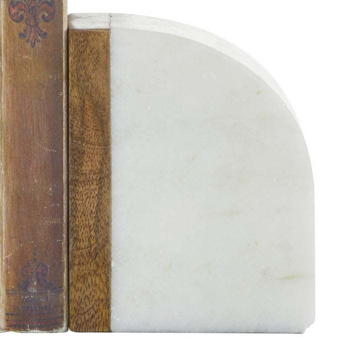 Dual Tone Marble Bookend with Wooden Edges, Brown and White