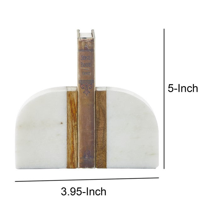Dual Tone Marble Bookend with Wooden Edges, Brown and White
