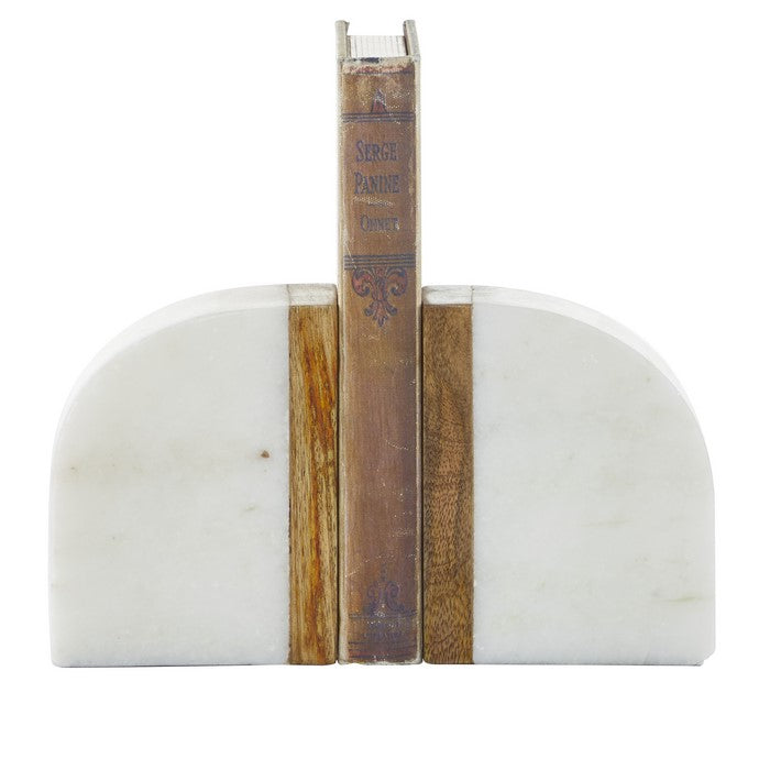 Dual Tone Marble Bookend with Wooden Edges, Brown and White