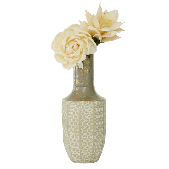 Narrow Mouth Geometric Design Vase with Distressed Details,Bronze and White