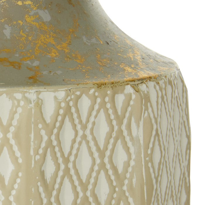Narrow Mouth Geometric Design Vase with Distressed Details,Bronze and White