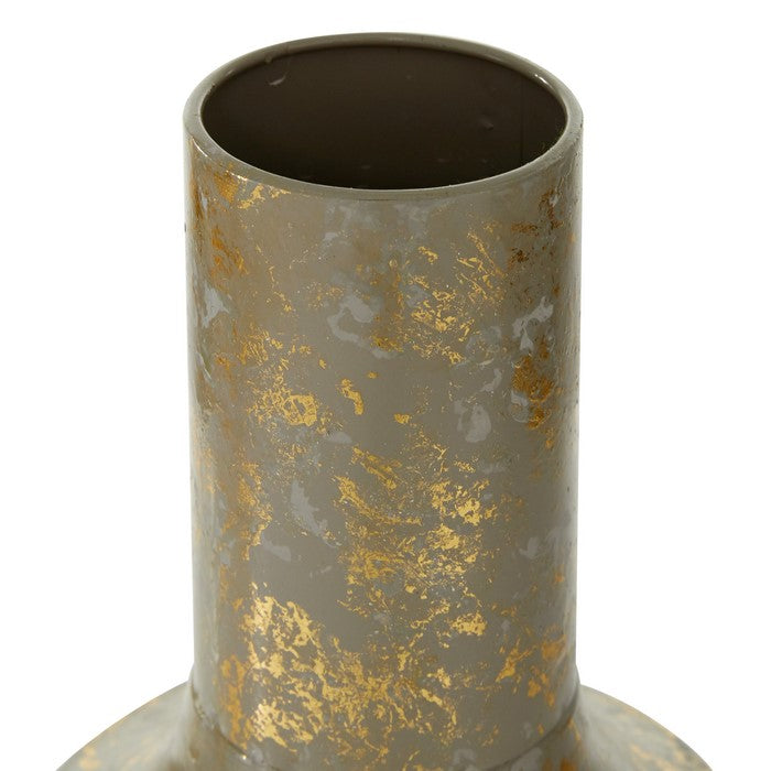 Narrow Mouth Geometric Design Vase with Distressed Details,Bronze and White