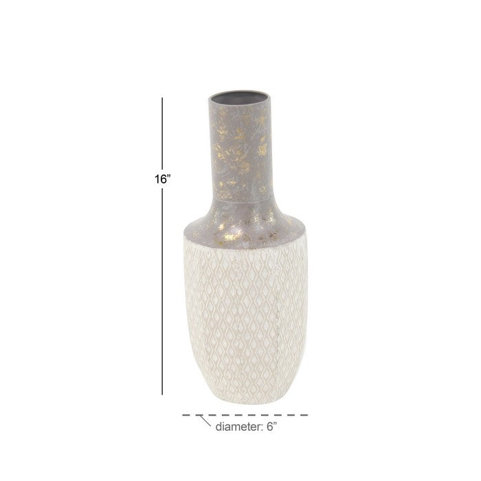 Narrow Mouth Geometric Design Vase with Distressed Details,Bronze and White