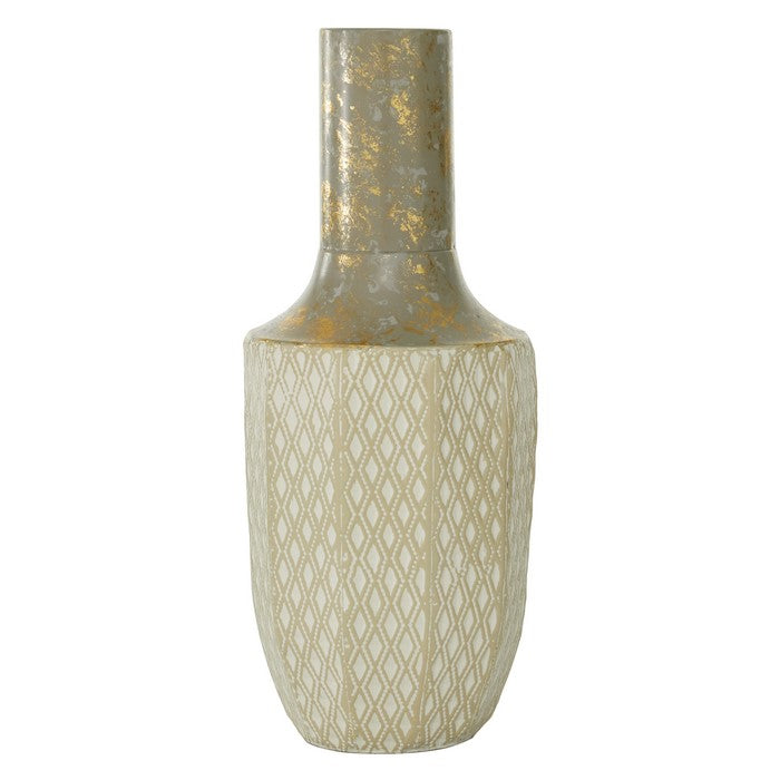 Narrow Mouth Geometric Design Vase with Distressed Details,Bronze and White