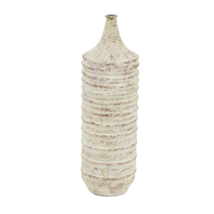 Cylindrical Metal Vase with Horizontally Fluted Body, Weathered White