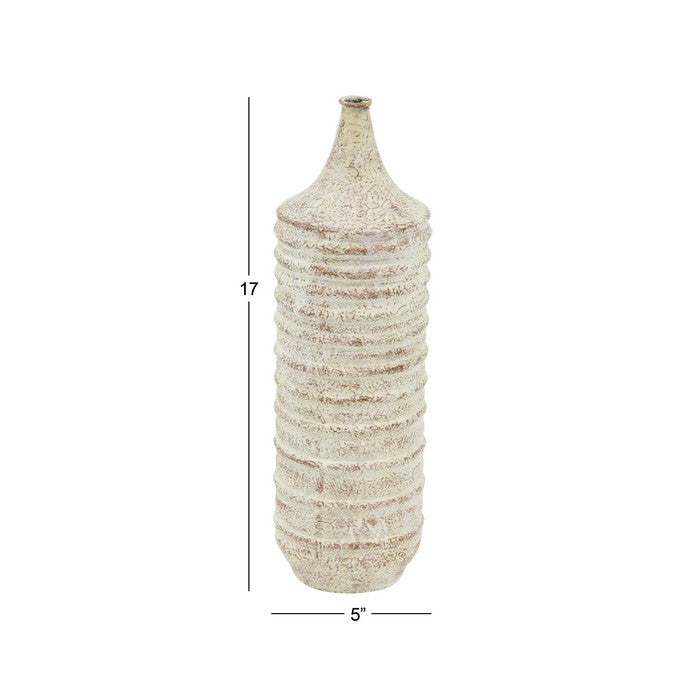 Cylindrical Metal Vase with Horizontally Fluted Body, Weathered White