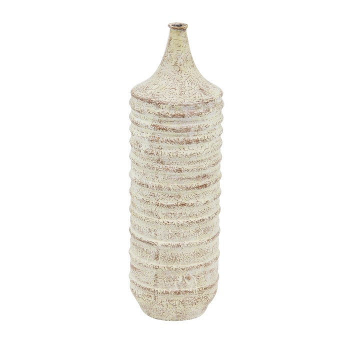 Cylindrical Metal Vase with Horizontally Fluted Body, Weathered White