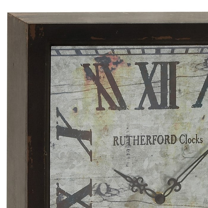 Rectangular Wooden Wall Clock with Roman Numeral Dial, Brown and White