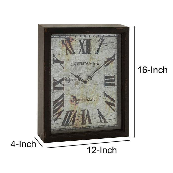 Rectangular Wooden Wall Clock with Roman Numeral Dial, Brown and White