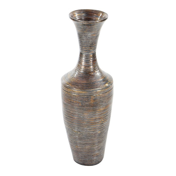 Lacquer Bamboo Vase with Tapered Bottom and Wide Concave Neck, Bronze