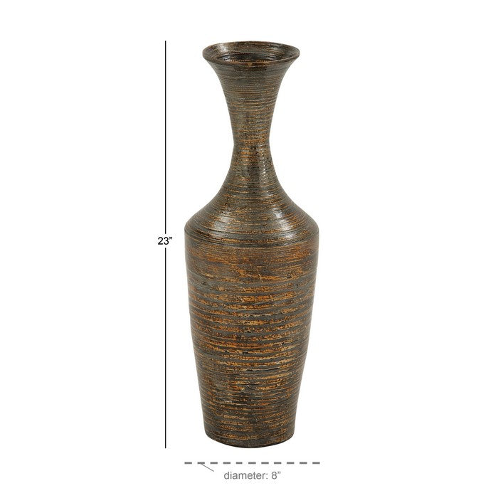 Lacquer Bamboo Vase with Tapered Bottom and Wide Concave Neck, Bronze