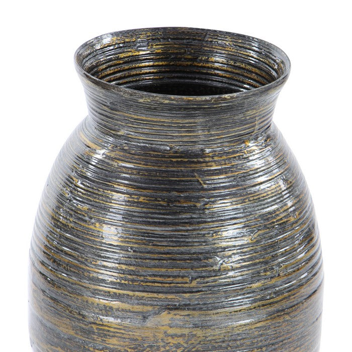Lacquer Bamboo Vase with Urn Shape Design and Wide Mouth, Bronze