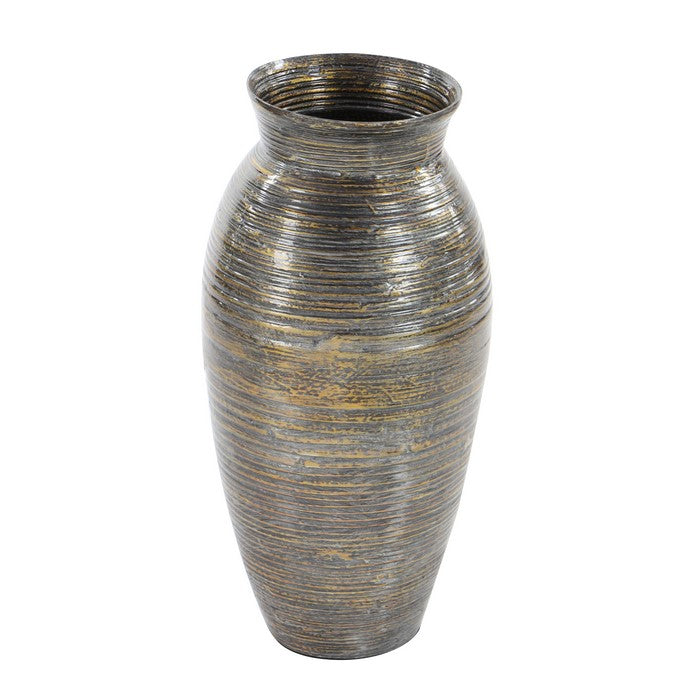Lacquer Bamboo Vase with Urn Shape Design and Wide Mouth, Bronze