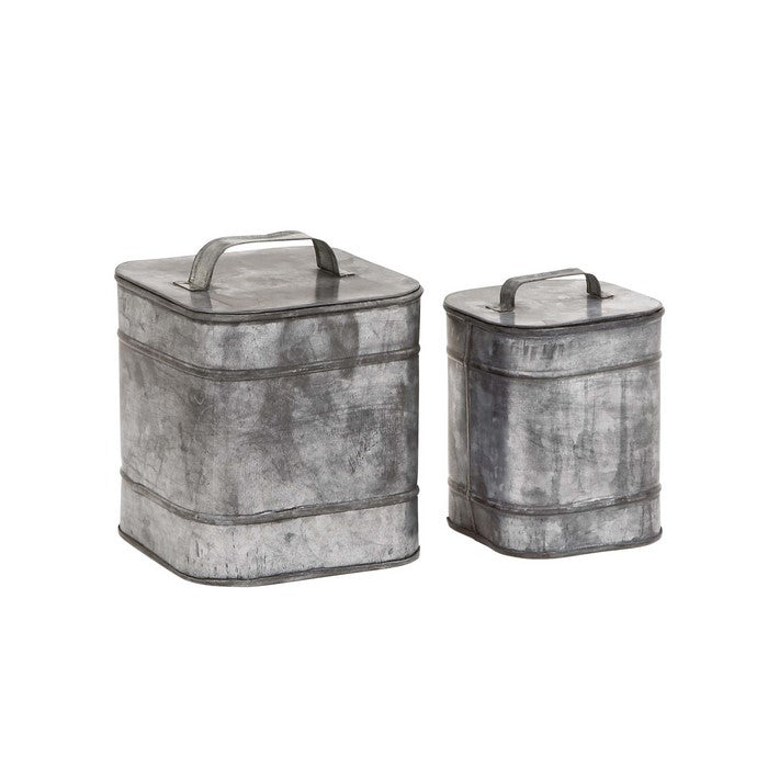 Square Metal Box with Lid and Handle, Set of Two, Weathered Gray