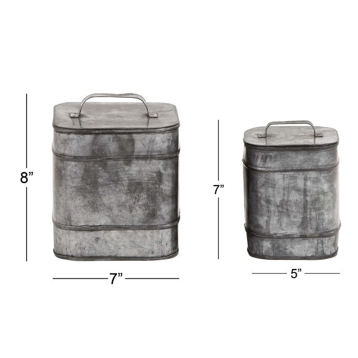 Square Metal Box with Lid and Handle, Set of Two, Weathered Gray