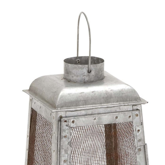 Industrial Metal Lantern with Mesh Wire Fronts and Top Handle, Large, Gray
