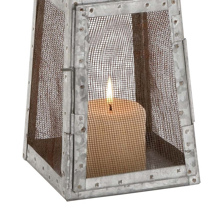 Industrial Metal Lantern with Mesh Wire Fronts and Top Handle, Large, Gray