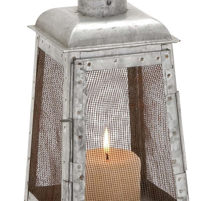 Industrial Metal Lantern with Mesh Wire Fronts and Top Handle, Large, Gray