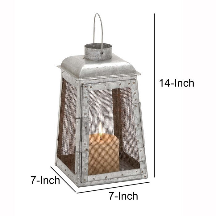 Industrial Metal Lantern with Mesh Wire Fronts and Top Handle, Large, Gray