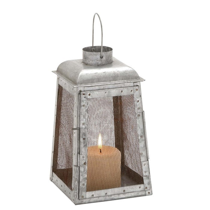 Industrial Metal Lantern with Mesh Wire Fronts and Top Handle, Large, Gray