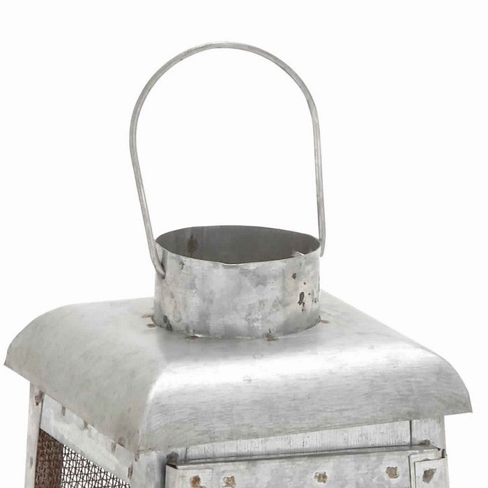 Industrial Metal Lantern with Mesh Wire Fronts and Top Handle, Small, Gray