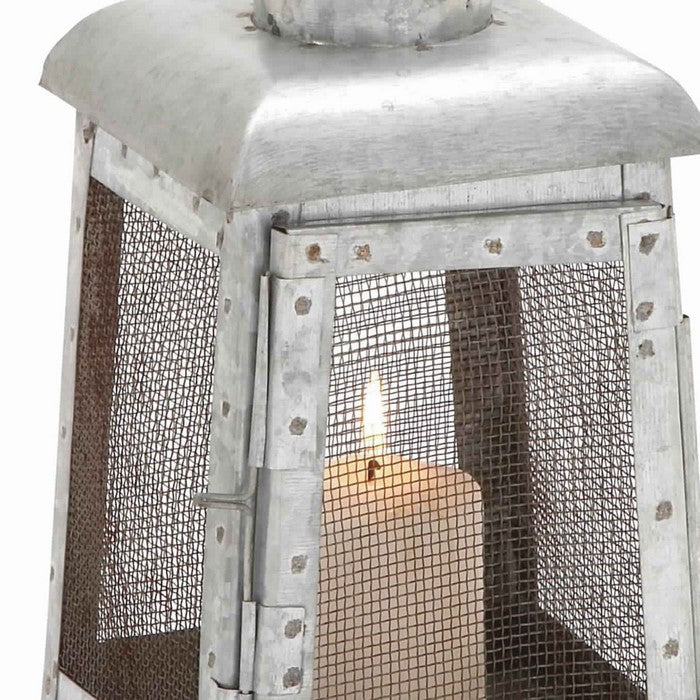 Industrial Metal Lantern with Mesh Wire Fronts and Top Handle, Small, Gray
