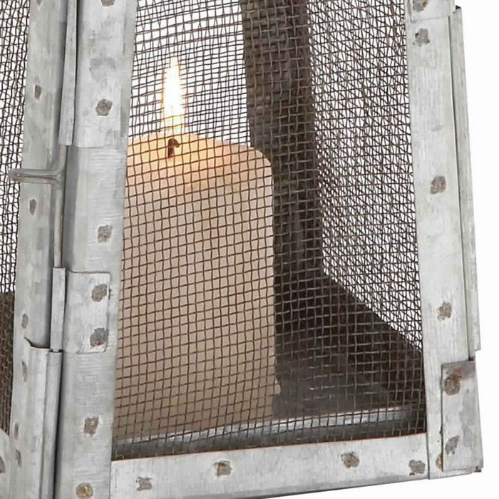Industrial Metal Lantern with Mesh Wire Fronts and Top Handle, Small, Gray