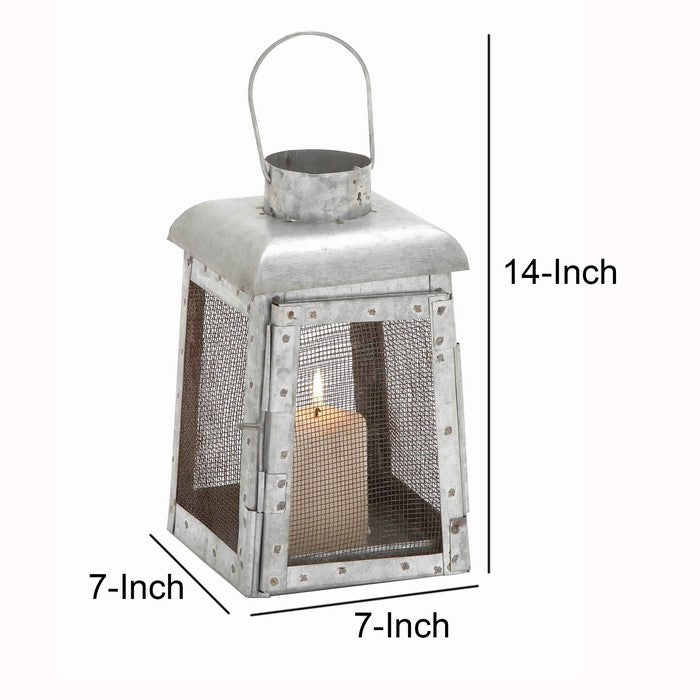 Industrial Metal Lantern with Mesh Wire Fronts and Top Handle, Small, Gray