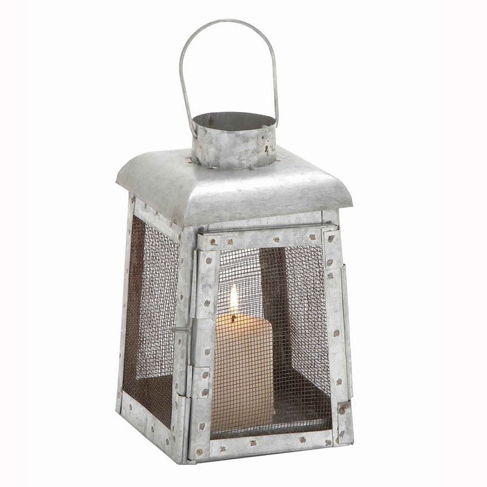 Industrial Metal Lantern with Mesh Wire Fronts and Top Handle, Small, Gray