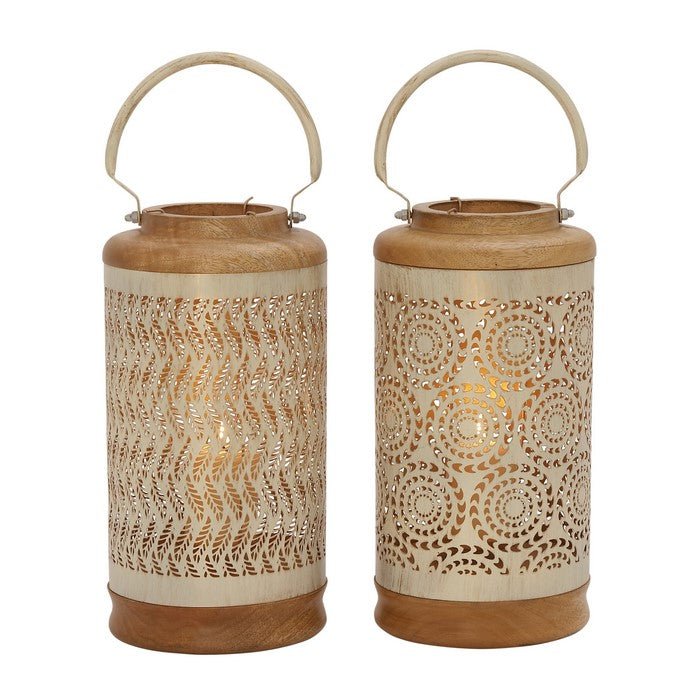 Cylindrical Wooden Lantern with Geometrically Carved Body, Set of 2, Brown