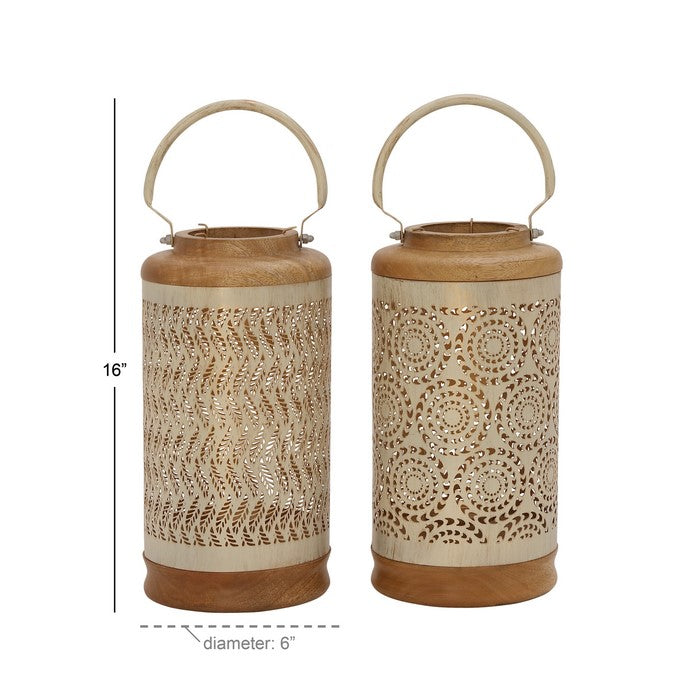 Cylindrical Wooden Lantern with Geometrically Carved Body, Set of 2, Brown