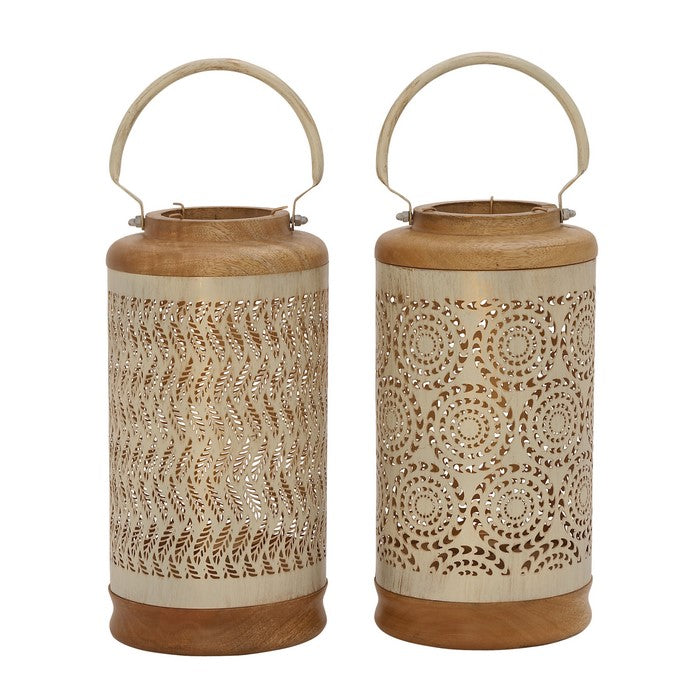 Cylindrical Wooden Lantern with Geometrically Carved Body, Set of 2, Brown