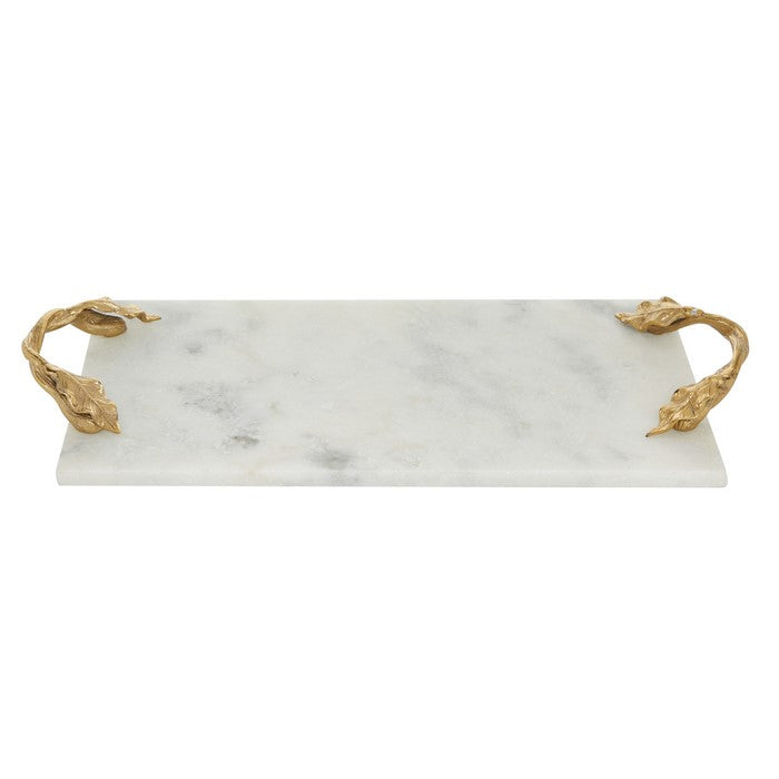 Rectangular Marble Serving Tray with Metal Handles, White and Gold