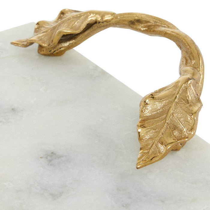 Rectangular Marble Serving Tray with Metal Handles, White and Gold