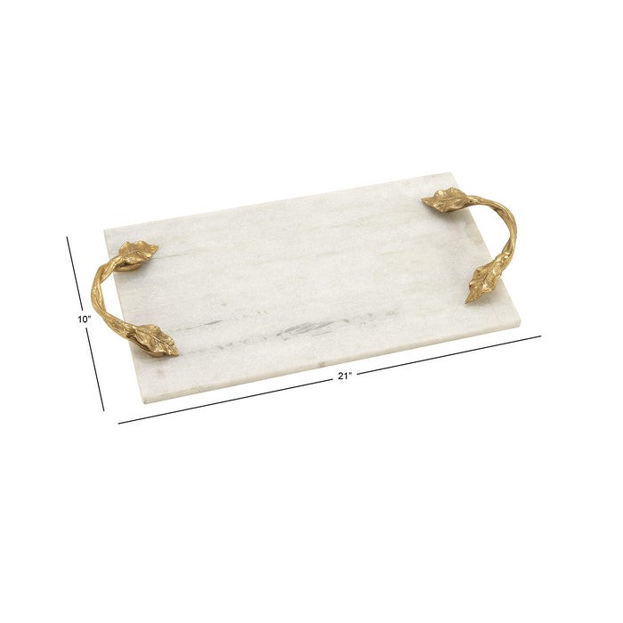 Rectangular Marble Serving Tray with Metal Handles, White and Gold
