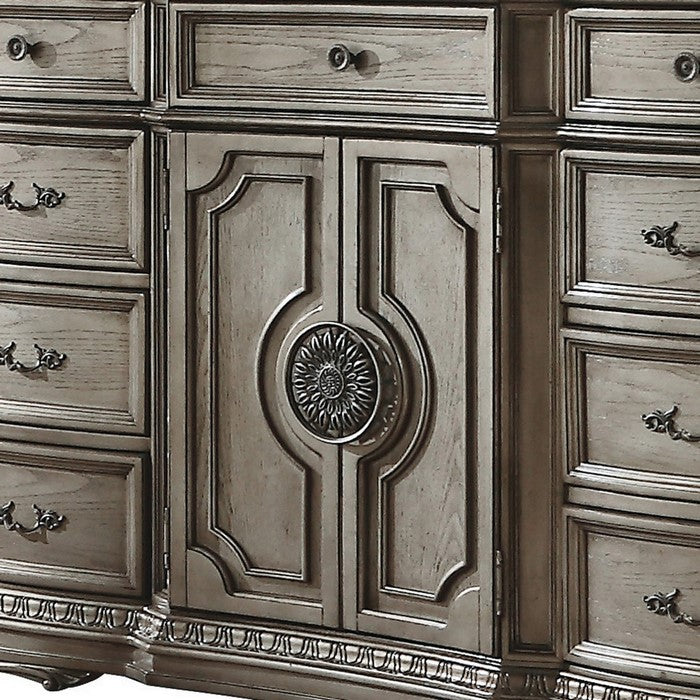 Traditional Dresser with 2 Door Storage and Molded Details, Antique Silver