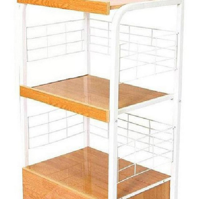 Wood and Metal Frame Microwave Cart with Power Outlet, White and Brown