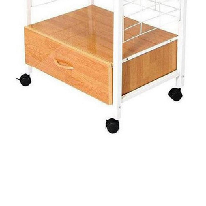 Wood and Metal Frame Microwave Cart with Power Outlet, White and Brown