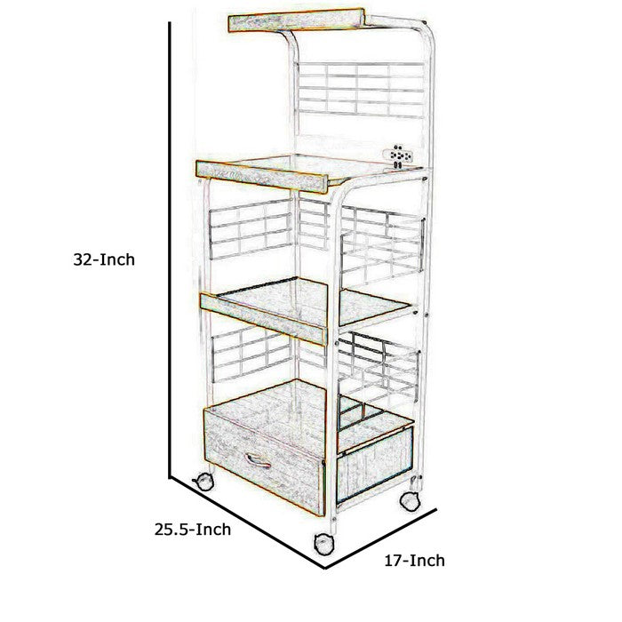 Wood and Metal Frame Microwave Cart with Power Outlet, White and Brown